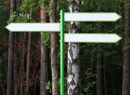 directional arrows in a forestの写真素材