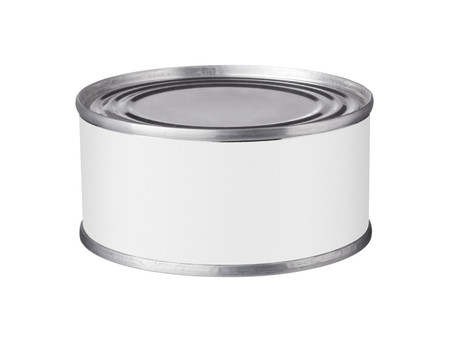 tin can with a blank label on a white の写真素材