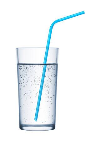 glass of mineral water and drinking straws on white backgroundの写真素材