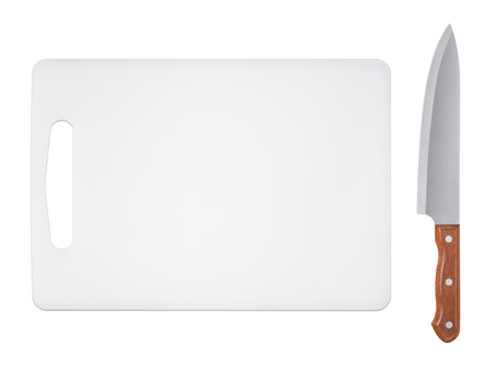 Cutting board and kitchen knife on a white backgroundの写真素材