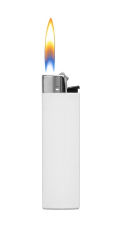 Lighter with fire on white backgroundの写真素材