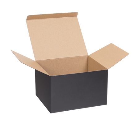 Black cardboard box on a white backgroundの写真素材