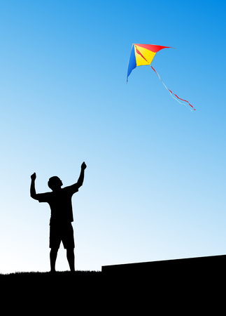 man launches a kite in the sky, vector illustrationのイラスト素材