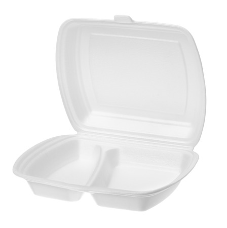 empty polystyrene container for fast food isolated on white backgroundの写真素材