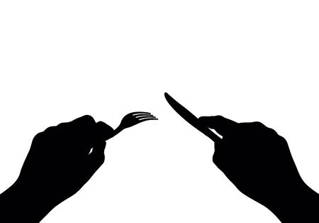 hands with knife and fork on a white background, vector silhouetteのイラスト素材