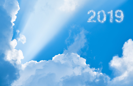 2019 among clouds and sunlight, 3D illustrationの写真素材