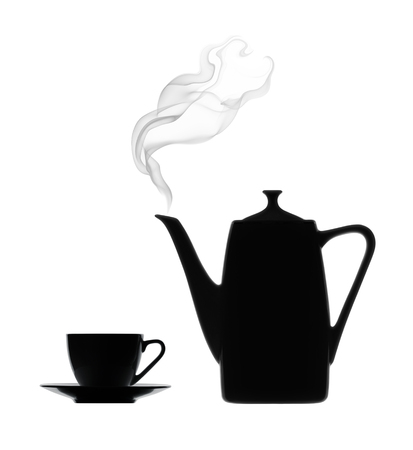 Silhouette of coffee pot with steam and cup on a white backgroundの写真素材