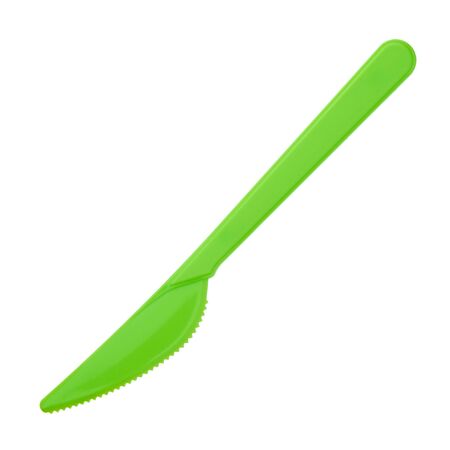 Green plastic knife isolated on white backgroundの写真素材