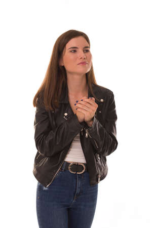 Offended girl asks for forgiveness.の写真素材