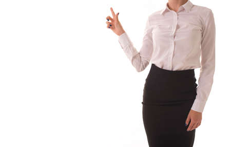 Office worker shows with hand to blank space.の写真素材