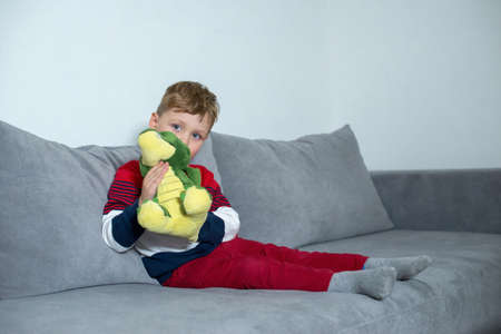 Little boy sitting on bed with plush dragon.の写真素材