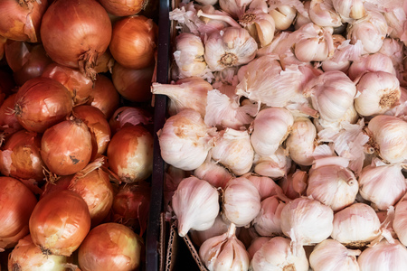 a lot of onions and garlicの写真素材