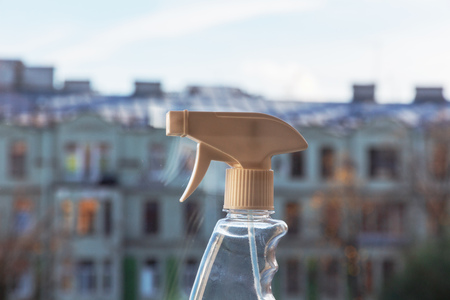 window spray on the background of the cityscapeの写真素材