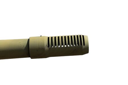 Barrel with a muzzle brake of an artillery gun or heavy tank Isolated on a white background. Military conflict conceptの写真素材