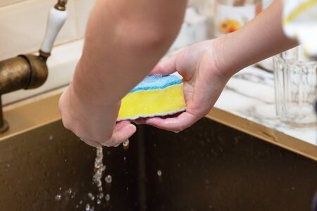 children's hands hold a sponge with foam for washing dishes over the sink. homework helpの写真素材