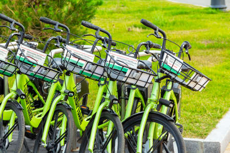 St. Petersburg, Russia - August 22, 2020: Parking lot of rental bicycles with the inscription in Russian - smart bikeのeditorial素材