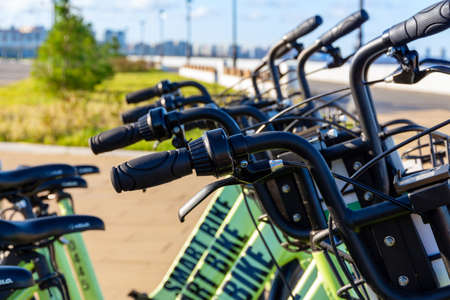St. Petersburg, Russia - September 19, 2020: Smart Bike - Public bicycles rental station in St. Petersburg. Convenient green transport for getting around the cityのeditorial素材