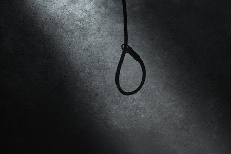 Hanging rope with a noose in the beam of light against the background of the dark gloomy wall of the dungeon. Gallows. Execution, stress and loneliness conceptの写真素材