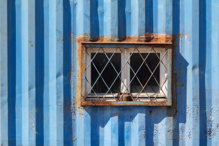Metal container with a barred window in the wallの写真素材