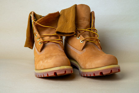New yellow leather boots with socks. American classic work shoesの写真素材