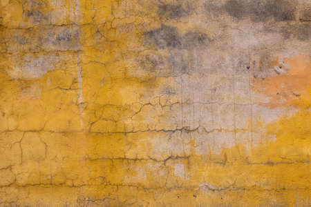 Old wall with yellow plaster with cracks and stains. Orange background for design and bannersの写真素材