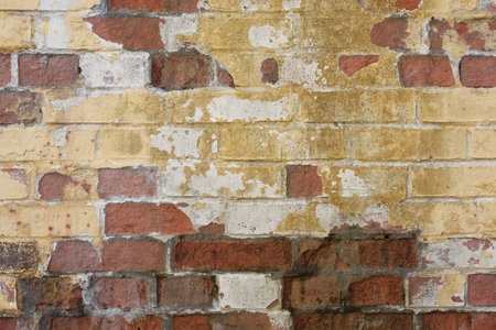 The surface of an old brick wall with peeling brown paint. Vintage background for posters and...