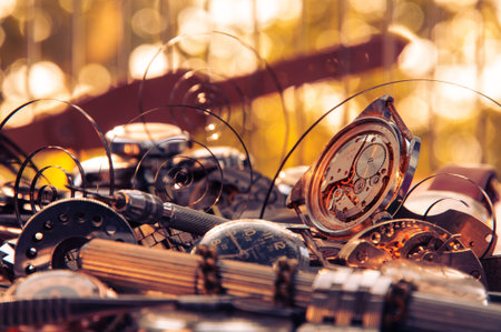 Composition of the old broken watches, with protruding springs and tools on a background of yellow bokehの写真素材