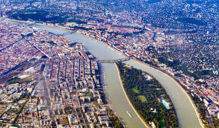 Aerial view of a city with a river running through it. Bird's eye view.の写真素材