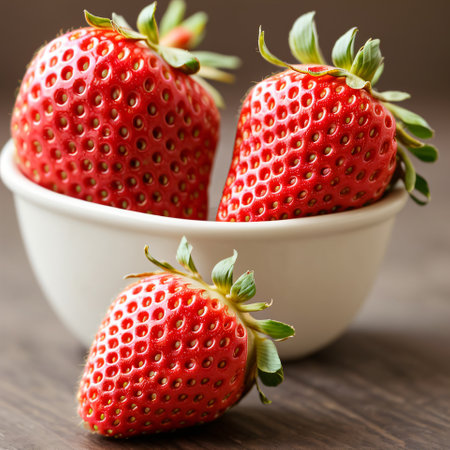 Strawberries in a bowl on wooden background. Selective focus.generative AIの素材