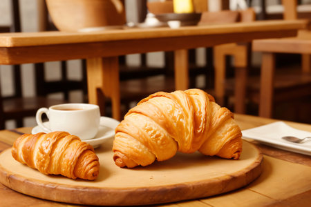 Breakfast with coffee and croissants in a basket on table generative AIの素材