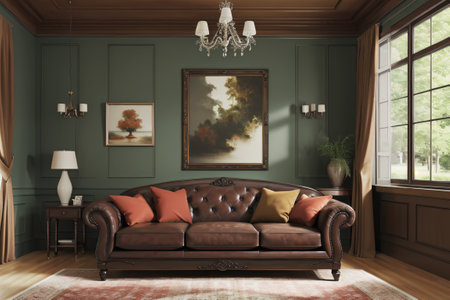 interior with brown leather sofa 3d render illustration mock up generative AIの素材