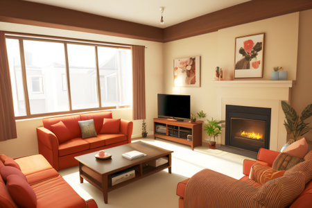 Interior of living room with fireplace and sofa 3d render generative AIの素材