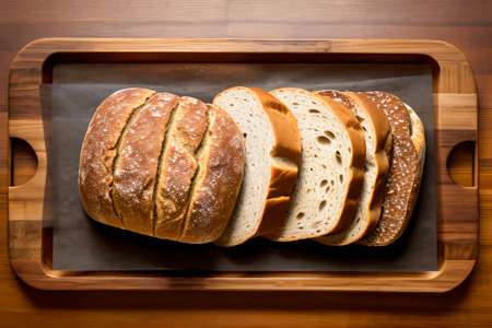 Freshly baked bread on a wooden cutting board. Top view generative AIの素材