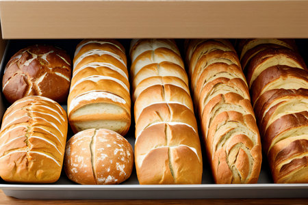 Assortment of fresh baked bread in a box. Close up generative AIの素材