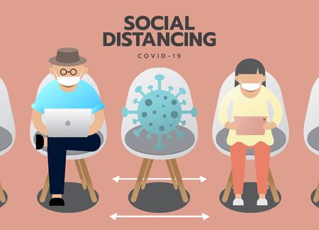 New normal of Social distancing at waiting area. People are sitting on chair with maintaining distance for covid 19 virus.のイラスト素材