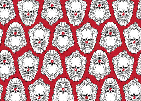 Seamless pattern with scary clown skulls faces on the red background. white and red. vector illustrationのイラスト素材
