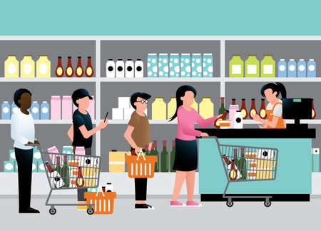 Don't crowding at supermarket. avoid congestion while wait in line keep wearing medical face mask and the distance after pandemic of corona virus or COVID-19. Vector illustrationのイラスト素材