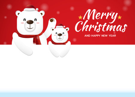 Merry Christmas and Happy New Year. White Bear blank greeting card template with place for your text, on snowfall red background, vector illustrationのイラスト素材