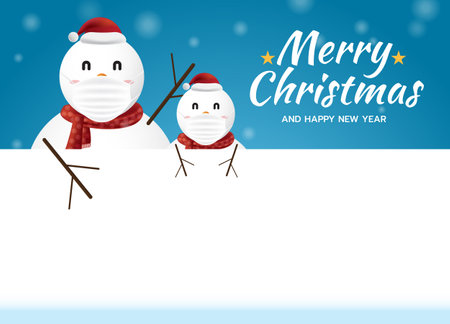 Merry Christmas and Happy New Year, Snowman blank greeting card template with place for your text, on snowfall blue background, vector illustrationのイラスト素材