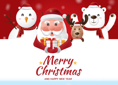Merry Christmas and Happy New Year greeting card with Santa Claus holding gift box, snowman, reindeer and polar bear on snowfall red background, vector illustrationのイラスト素材