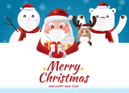 Merry Christmas and Happy New Year greeting card with Santa Claus holding gift box, snowman, reindeer and polar bear are wearing medical mask on snowfall blue background, vector illustrationのイラスト素材