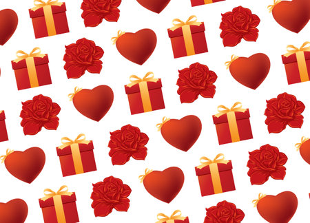 Seamless red roses, red heart and red gift pattern. Elements for Valentine's day. Isolated on white background for decoration, invitations, greeting cards and wallpaper. Vector illustrationのイラスト素材