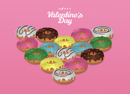 Happy valentines day with donut heart pink background. vector illustrationのイラスト素材