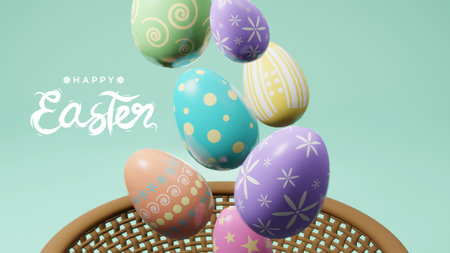 Happy Easter 3D illustration. Pastel easter eggs drop to basket on green background. 3d render