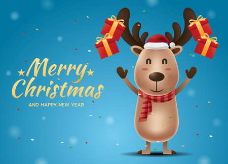 Merry Christmas and Happy New Year. Reindeer with his presents box on blue background. Vector illustration.のイラスト素材