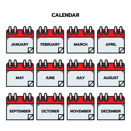 Vector icon months of year pages calendar. January, February, March, April, May, June, July, August, September, October, November and December page. Date day of month icon illustration flat style Organizer concept. Vector illustrationのイラスト素材