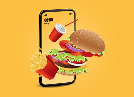 Vector illustration of burger set mobile online delivery service. mobile for order, hamburger icon, on transparent background.のイラスト素材