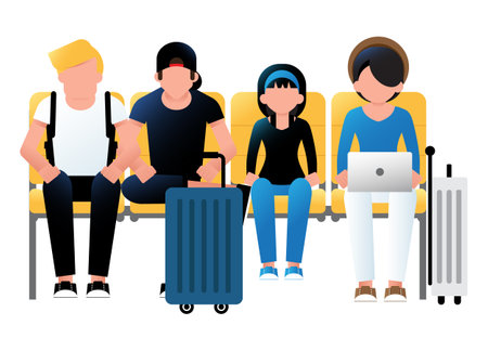 Citizens sitting at bench, waiting for public transport isolated on transparent background. Vector illustrationのイラスト素材