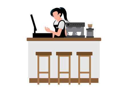 Woman cashier standing in front of the cashier desk in the coffee shop Isolated on white background. coffee shop element with barista standing behind of bar counter, coffee making. Vector Flat style illustration.のイラスト素材
