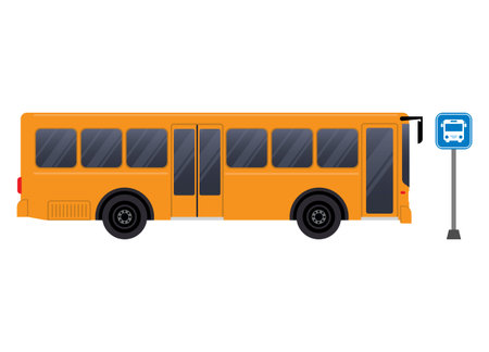 Public transport bus at bus stop Isolated on white background. City bus side view. Vehicle...